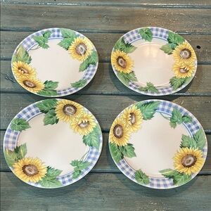 Corelle Sunsations Salad Plate 7.25”, Set of 4 Sunflowers & Checked Rim Pattern